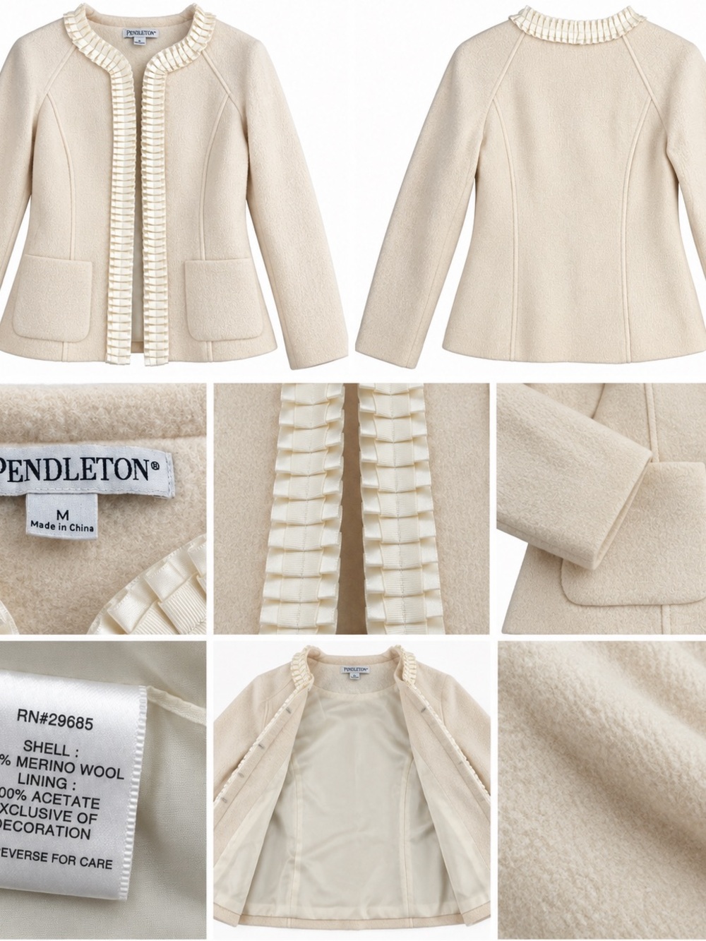 Pendleton Cream Merino Wool Ruffle-Trim Blazer Jacket